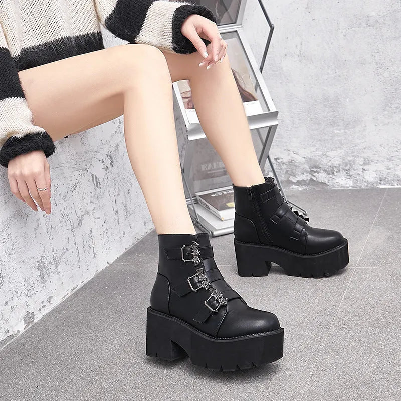 Black ladies punk gothic ankle boots with bat buckle decoration and chunky platform heel