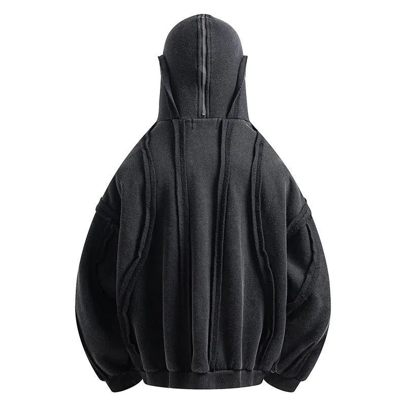 Black men's cotton hooded cardigan coat with abstract pattern and zip front