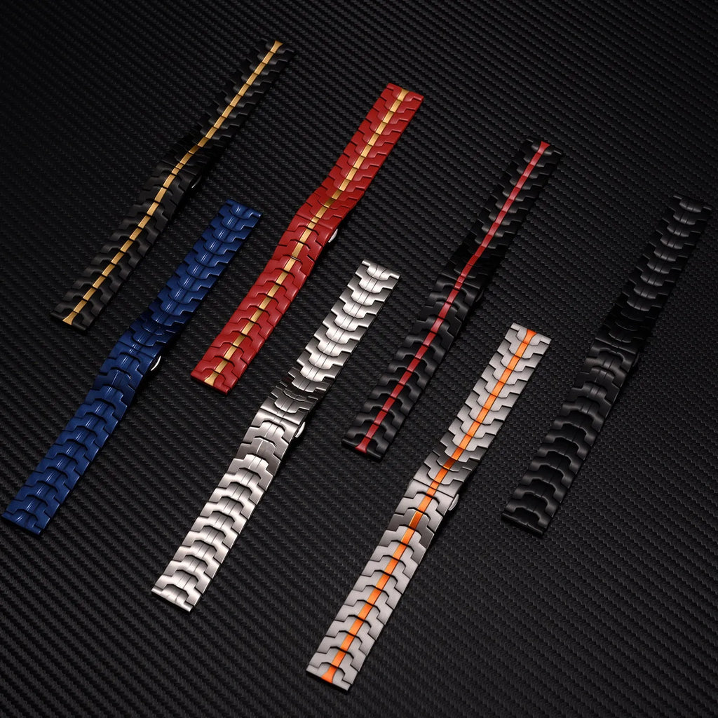 Stainless steel watch replacement band in multiple metallic colours with 20mm and 22mm universal sizing