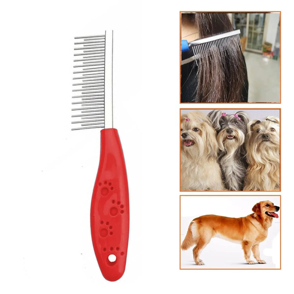 Red plastic handle pet grooming comb with dual-length stainless steel teeth for dematting dogs and cats.