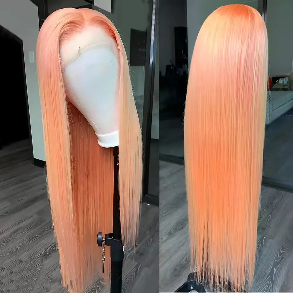 Light orange long straight synthetic wig with front lace cap, shown on a model.