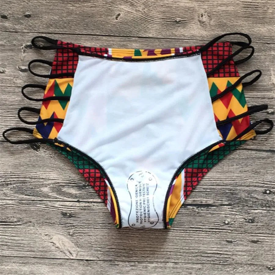 Women's digital print bikini with high-waist briefs and backless top design