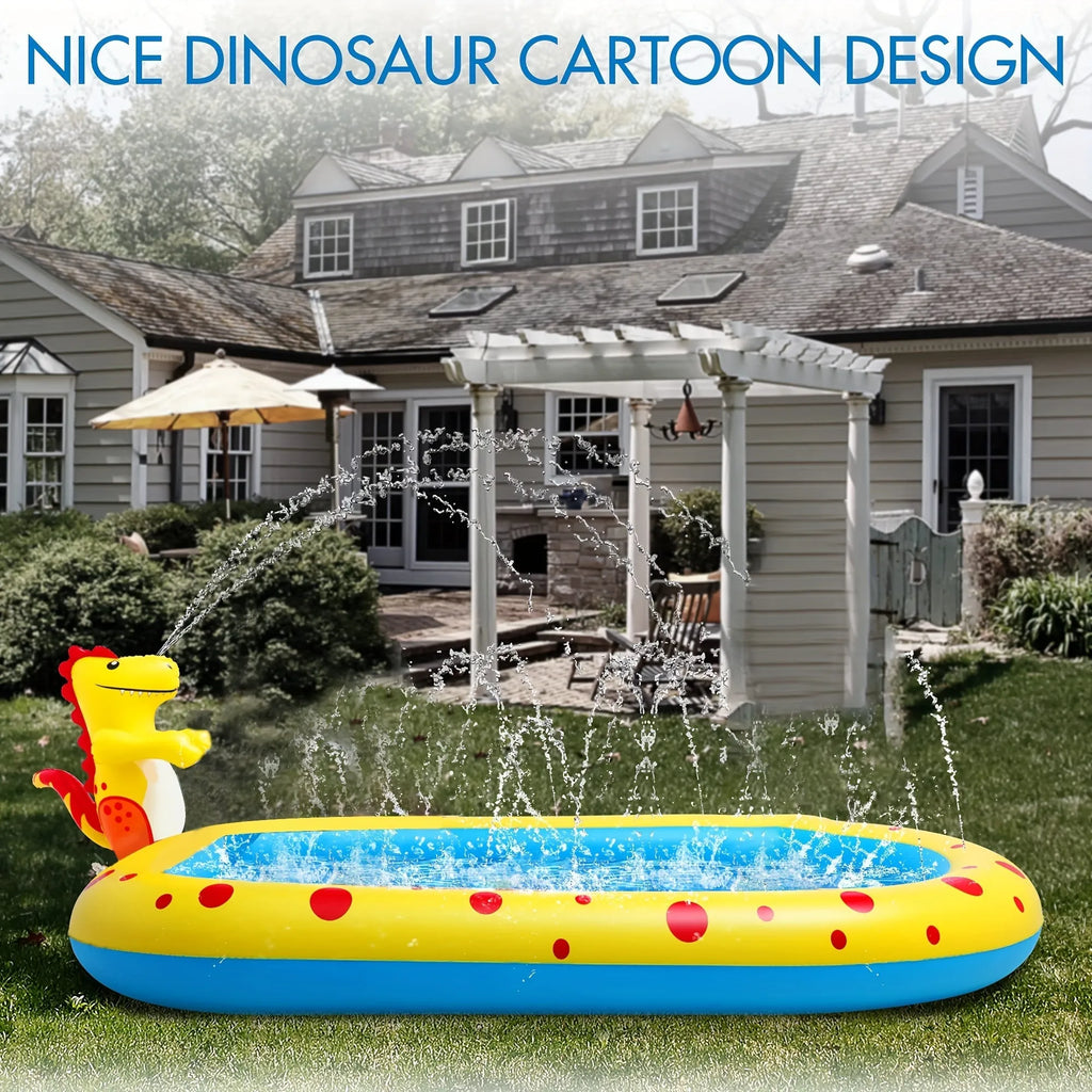 Blue dinosaur and shark inflatable water spray pool with spray feature in garden setting