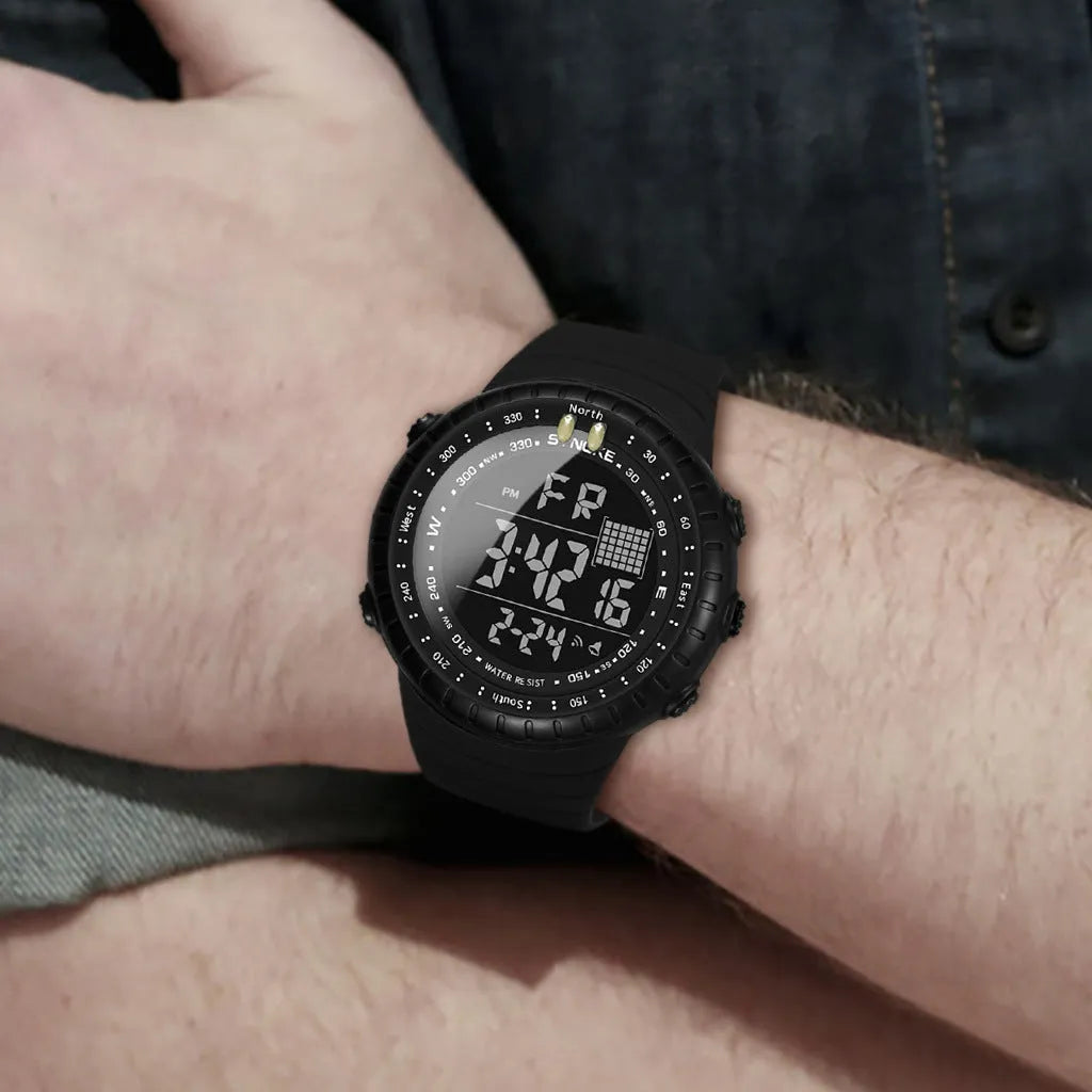 Black men's outdoor electronic watch with large dial and adjustable PU strap