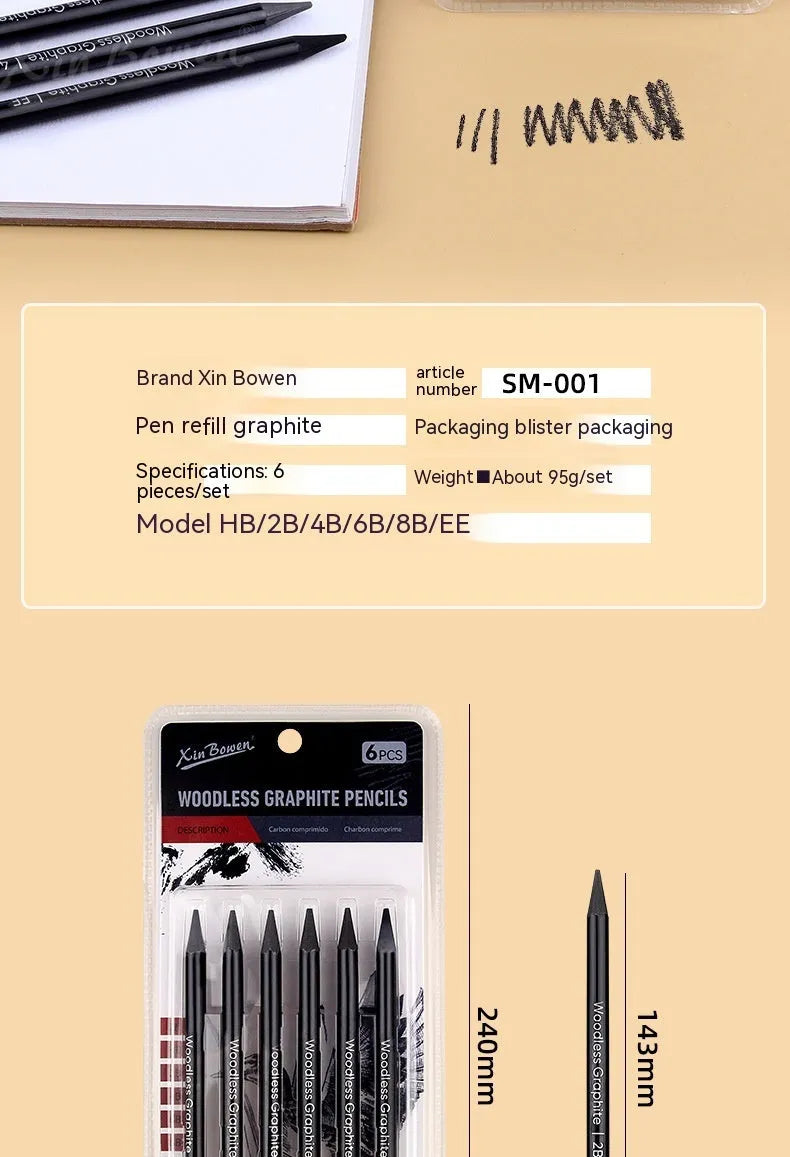 Wood-free graphite sketching pencils set with six grades HB 2B 4B 6B 8B EE for art drawing