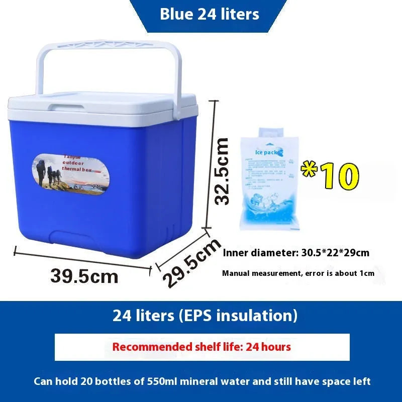 Blue aluminium foil insulated cooler box with multiple capacity options for outdoor and car use.