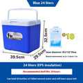 Blue aluminium foil insulated cooler box with multiple capacity options for outdoor and car use.
