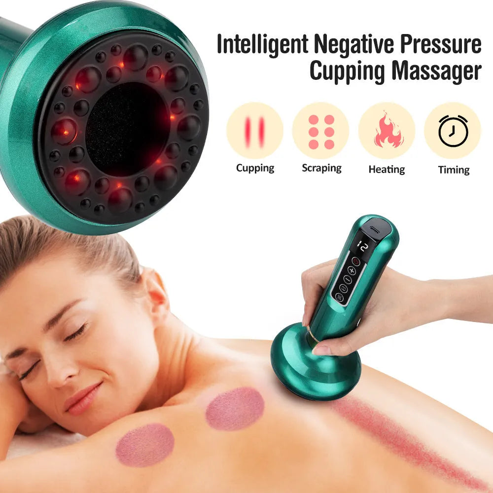 Green electric vacuum cupping massager with USB cable on a table