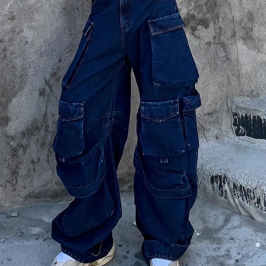 Dark blue distressed women's wide-leg jeans with a high waist and multiple pockets.