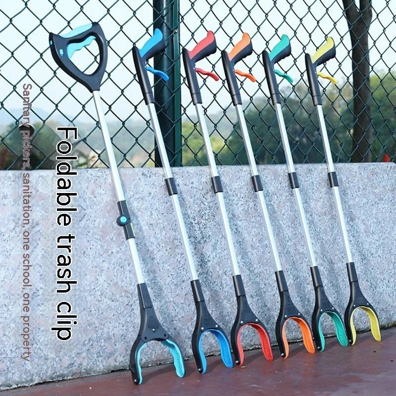 Blue plastic and aluminium alloy trash folder clip tool on a white background.