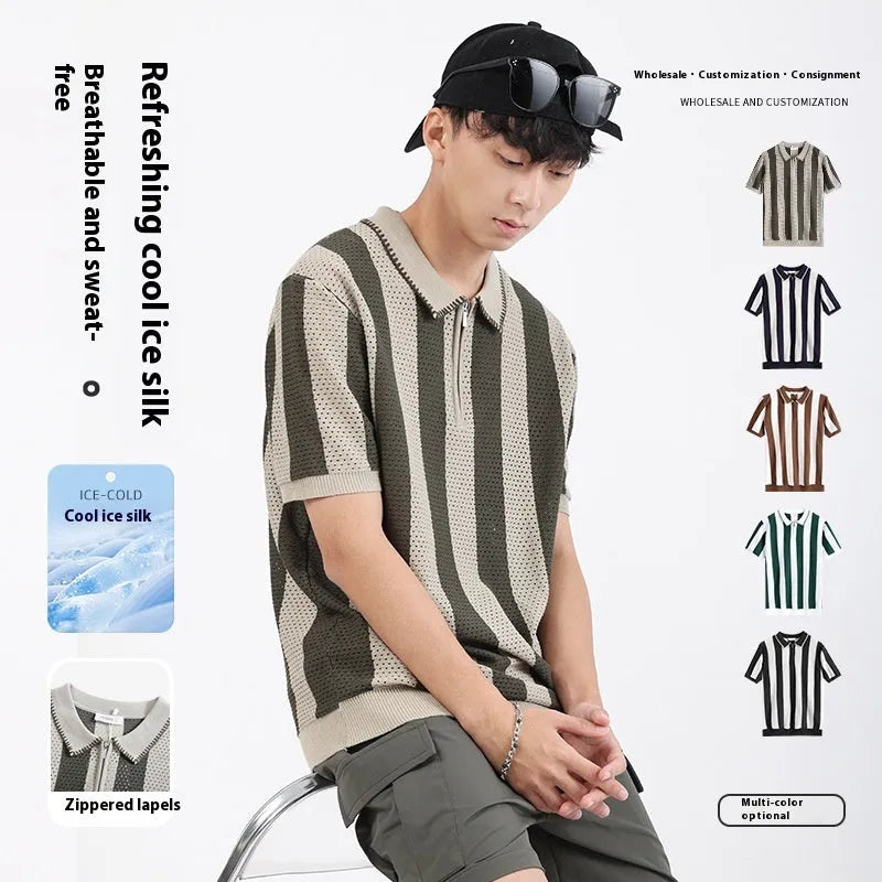 Man wearing a short sleeve striped viscose sweater with zipper details in sapphire blue