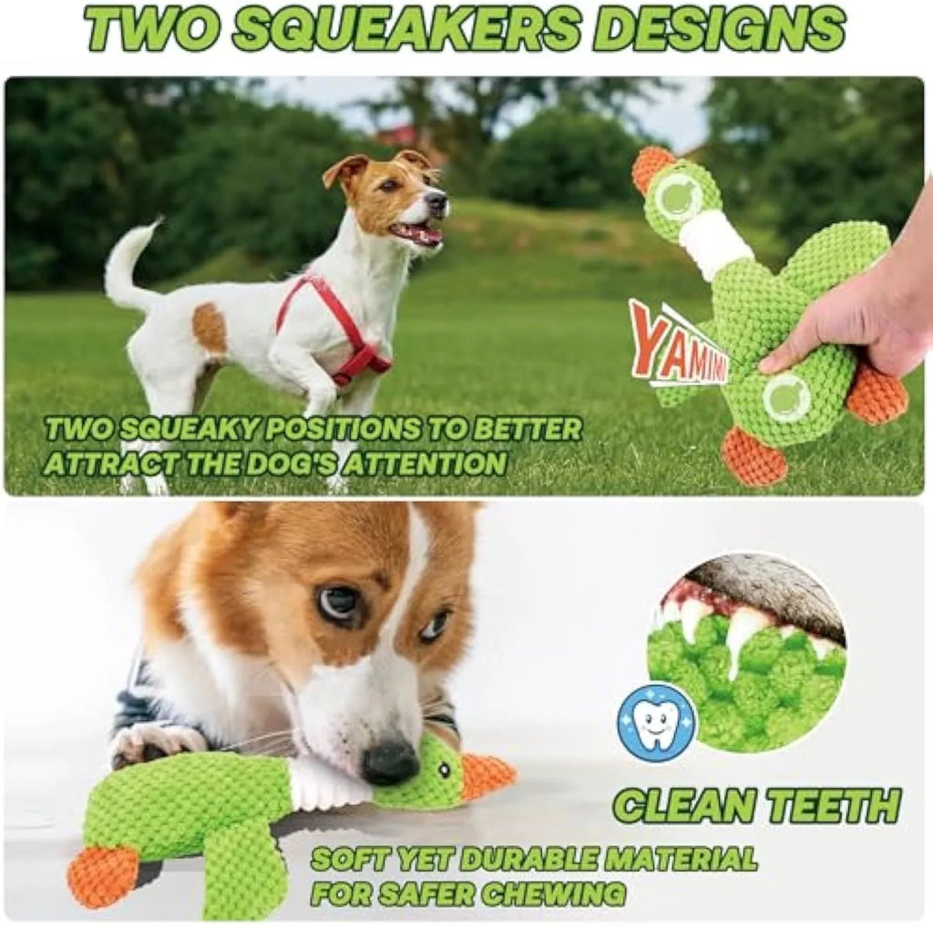Blue durable pineapple cotton duck plush dog toy with squeakers on wooden floor