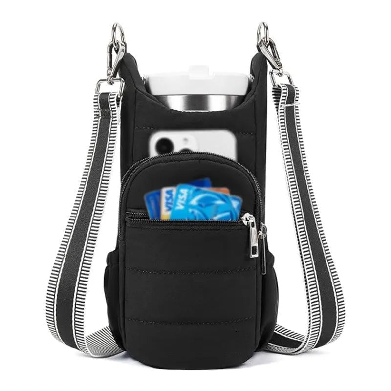 Cloth bicycle water bottle bag in black, pink and beige colours