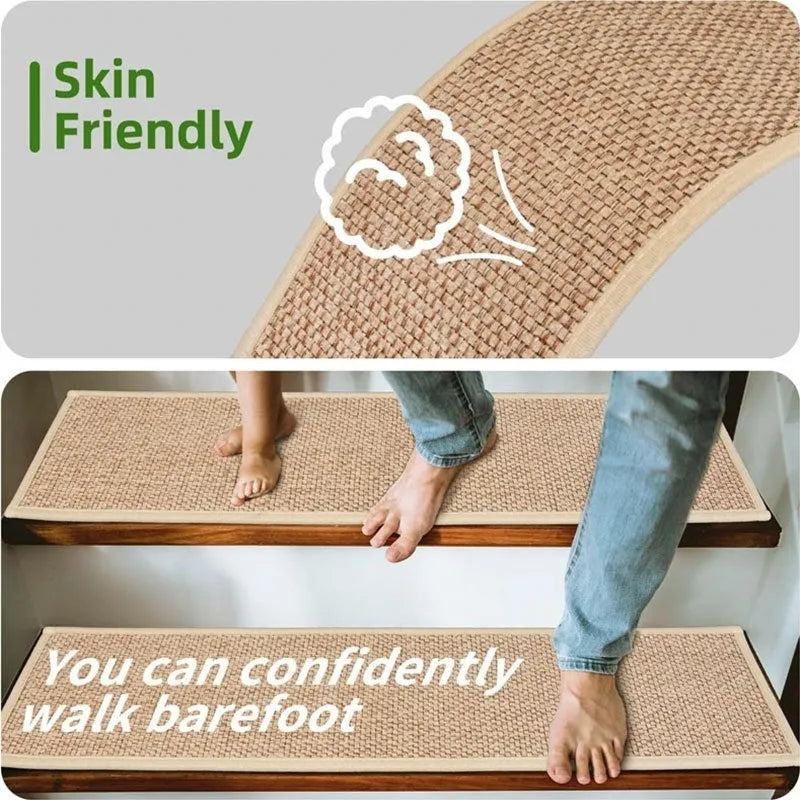 Japanese-style linen-look stair mat in camel colour with a rubber sole on a wooden step.