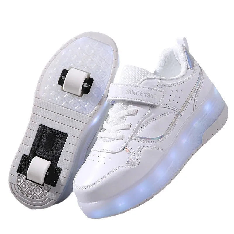 LED roller skates with flashing wheels in multiple colours including black, white, pink and purple options