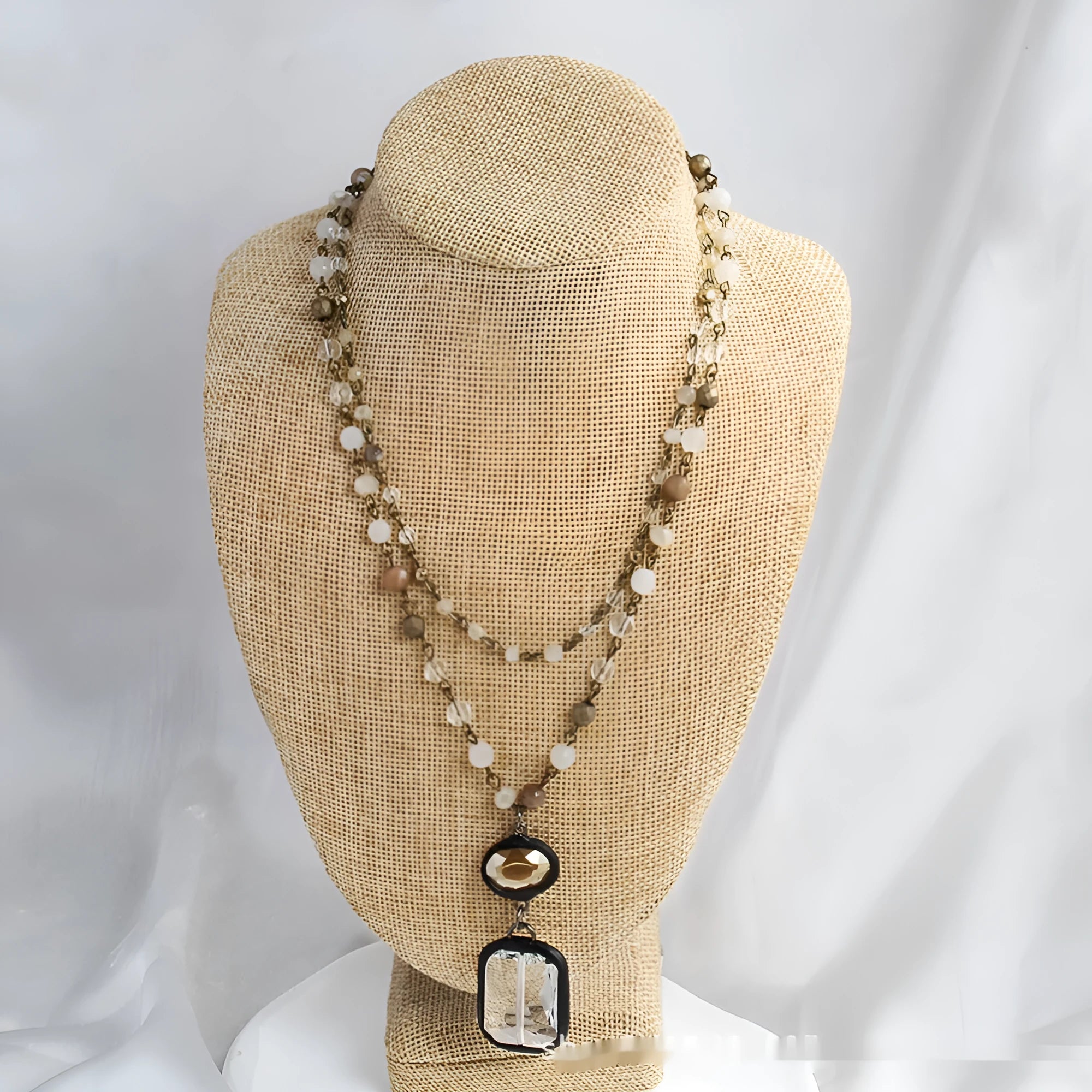 Tribal style two-layer necklace with stone and glass pendant on adjustable 31-40cm chain