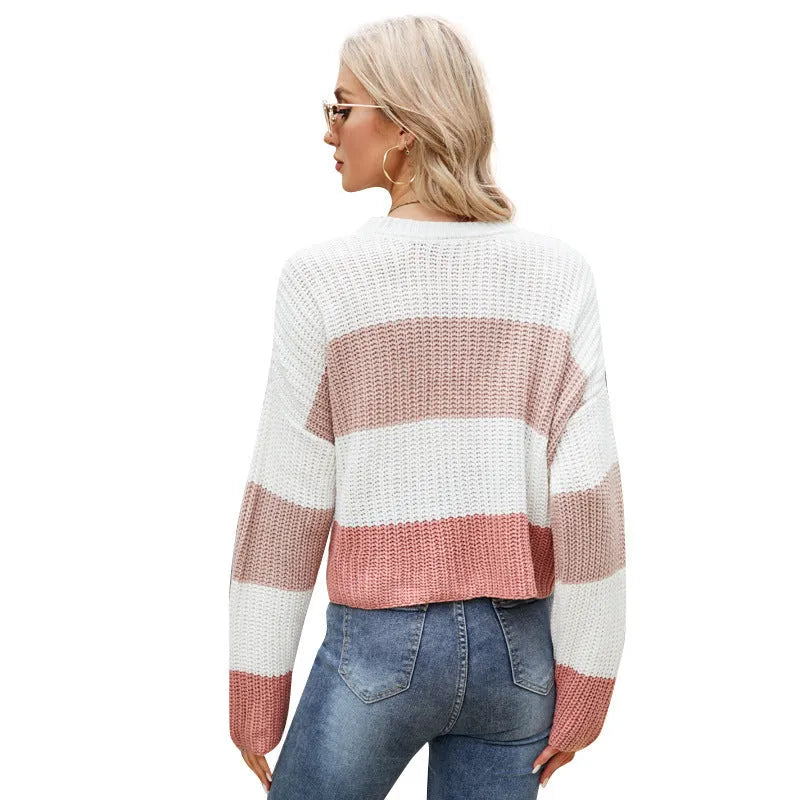 Women's striped acrylic pullover with short 40cm length in pink, blue, or yellow options