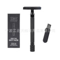 Traditional manual shaving razor set with metal scraper and matching barber brush