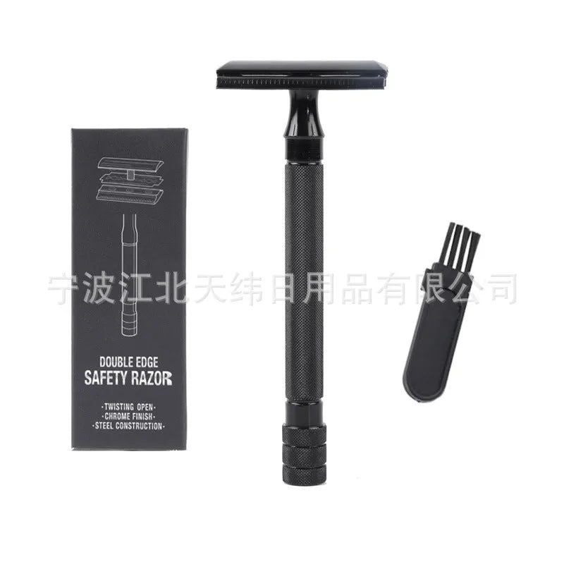 Traditional manual shaving razor set with metal scraper and matching barber brush