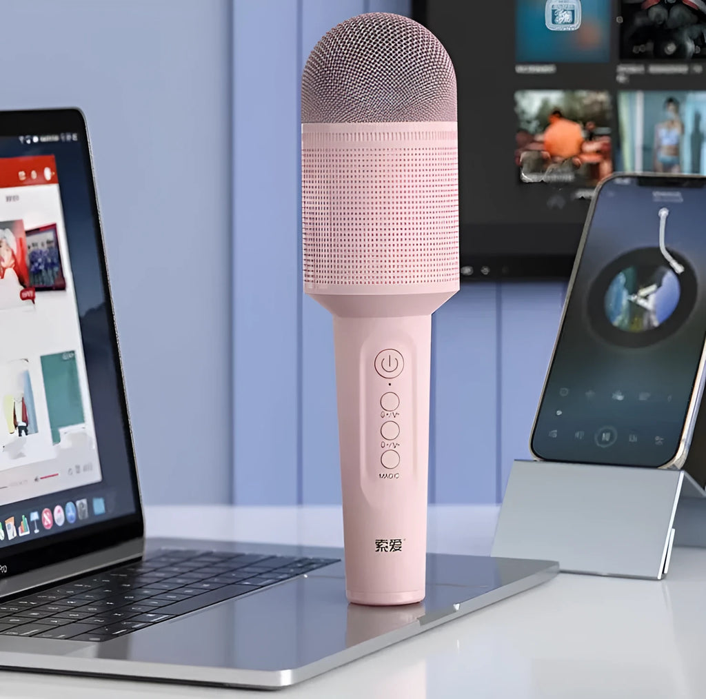 Wireless Bluetooth karaoke microphone in girly pink, sapphire blue and mint green colour options with USB connection