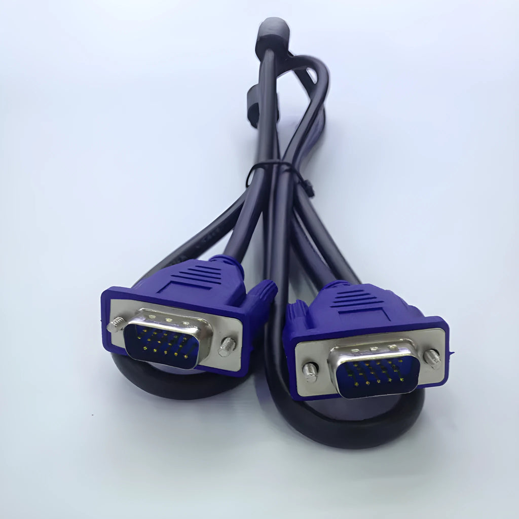 Black VGA cable with blue moulded heads and nickel-plated terminals for computer to monitor connections