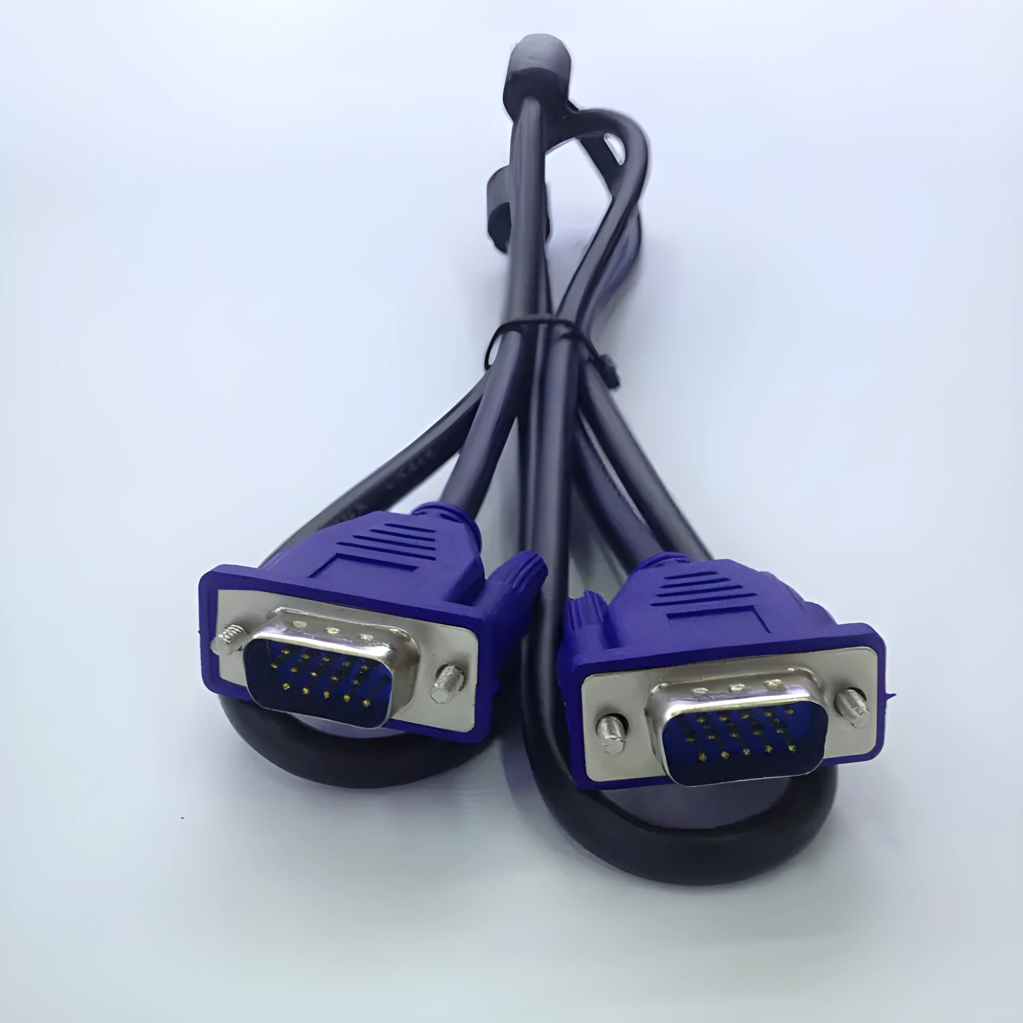 Black VGA cable with blue moulded heads and nickel-plated terminals for computer to monitor connections