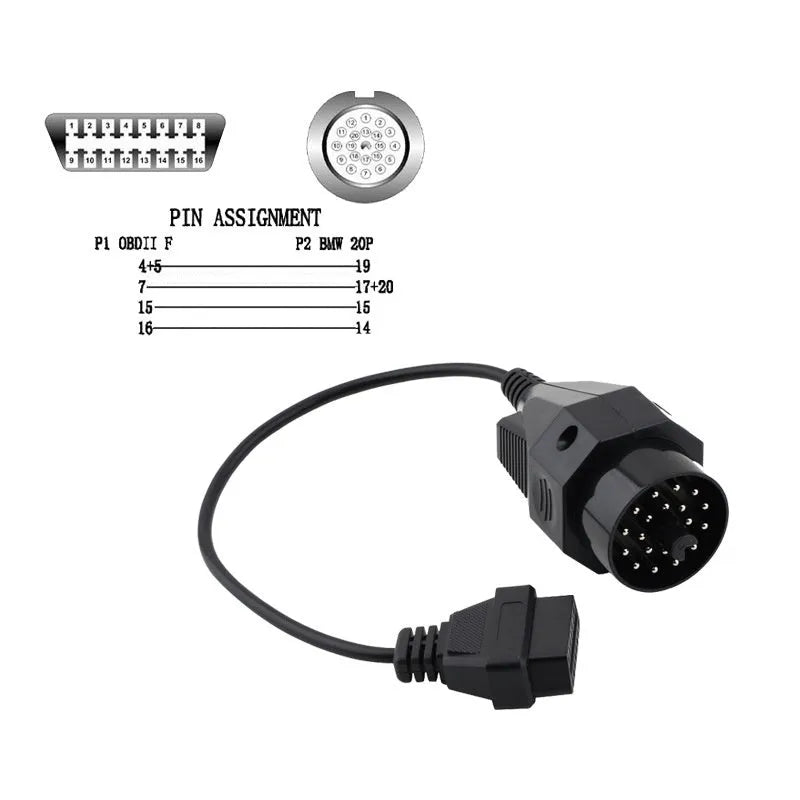 BMW OBD2 diagnostic adapter cable showing 20-pin male plug and 16-pin female OBD2 socket.