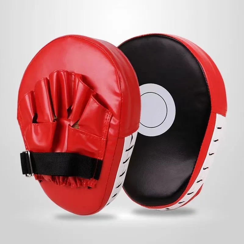 Boxing punch mitts hand target for Sanda and Muay Thai training in red, black, blue, and yellow colours.