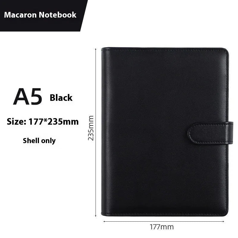 A5 PU leather zipper notebook shell in multiple solid colours, showing closed and open views.