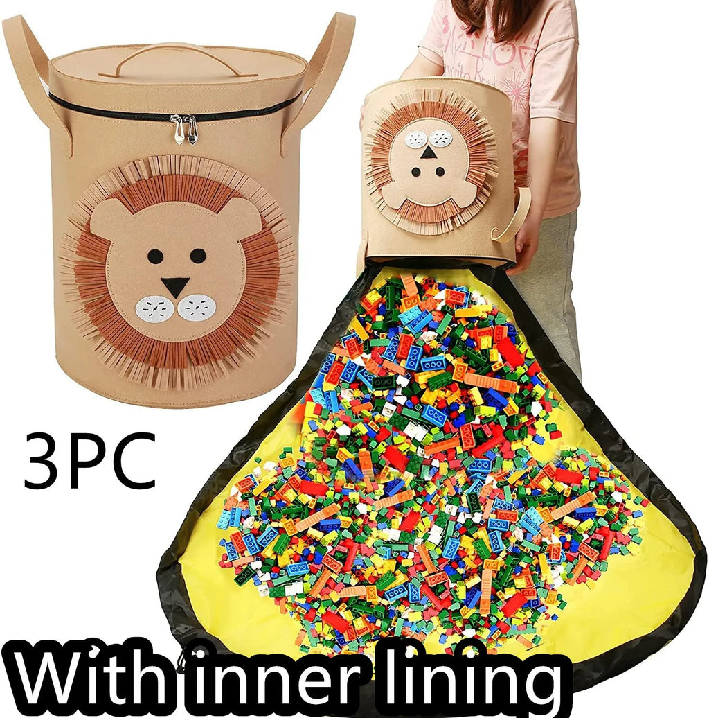 Green felt cube storage bag with pull rope closure lying flat as a play mat.