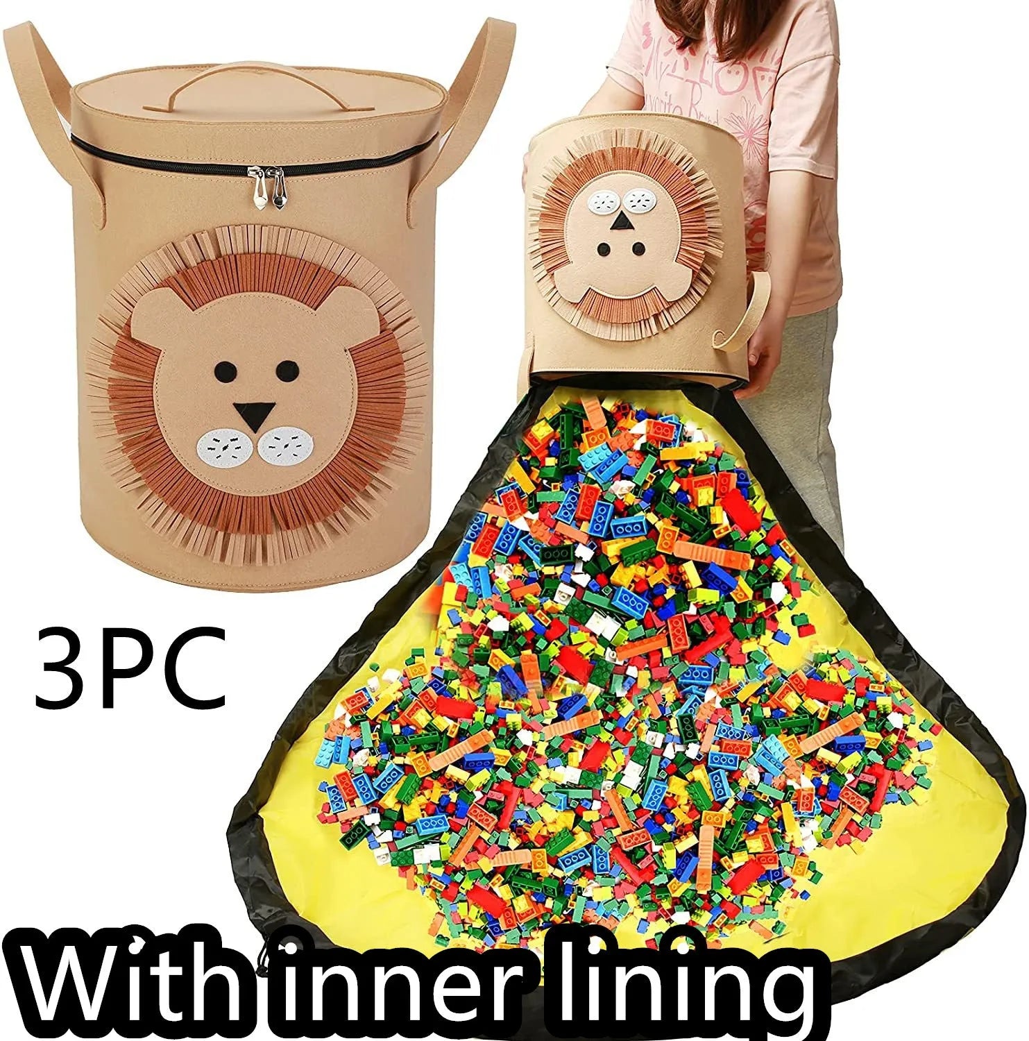 Green felt cube storage bag with pull rope closure lying flat as a play mat.