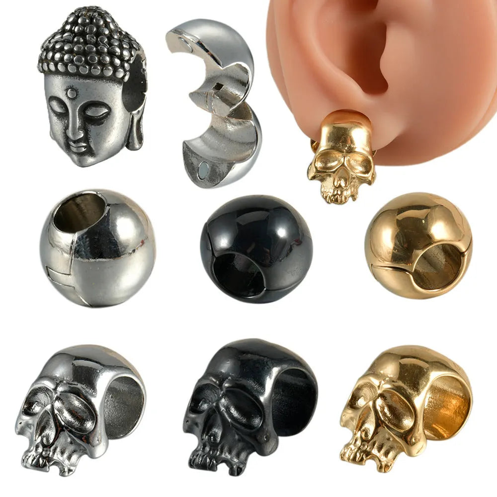 Personalised stainless steel hollow skull Buddha earrings with electroplated colour finishes