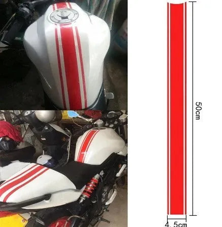 Motorcycle petrol tank reflective pinstripe sticker measuring 50cm by 4.5cm in black red silver yellow options
