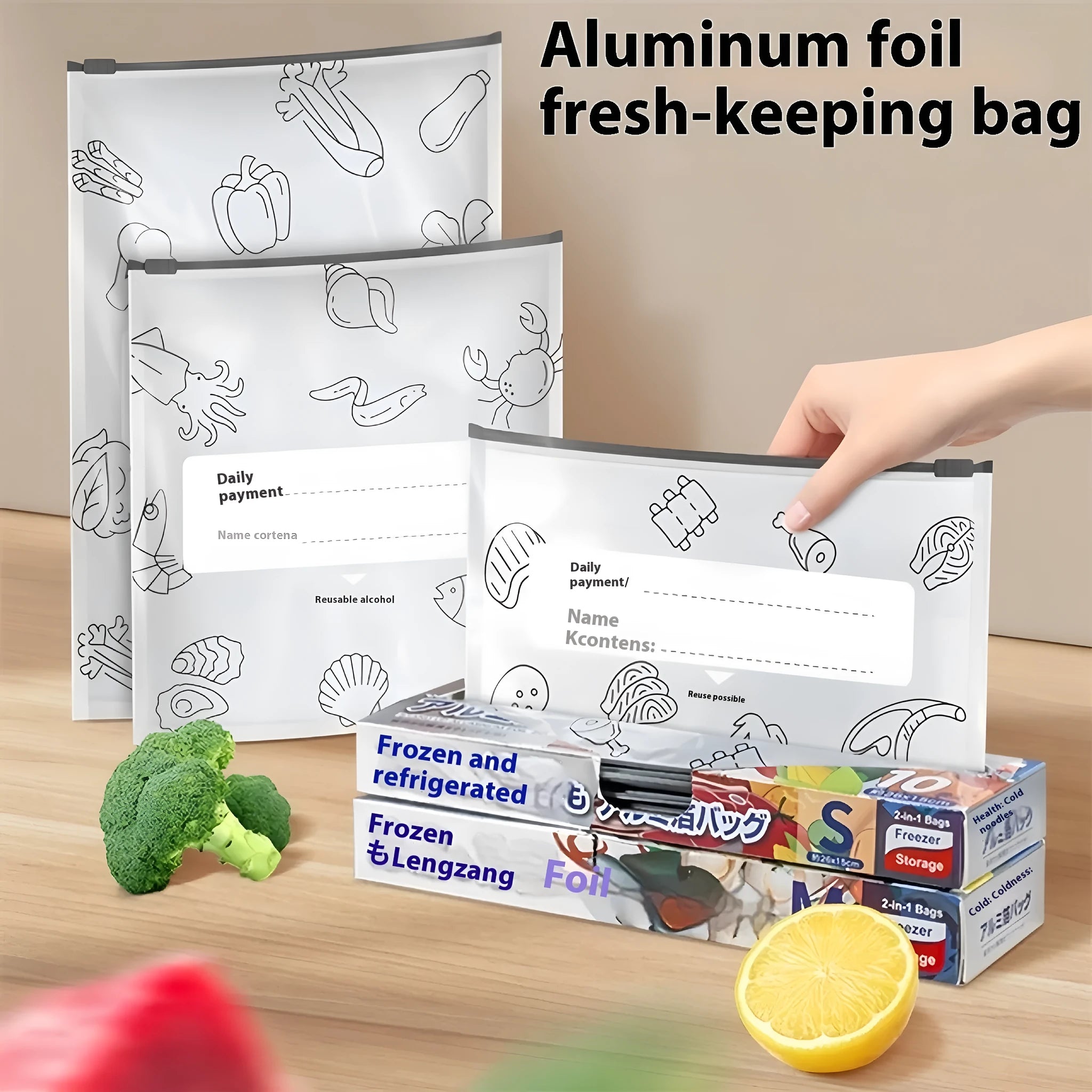 Aluminium foil resealable storage bags in three sizes with zip lock closure