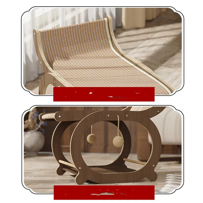 Solid wood cat bed recliner with integrated sisal scratching mat in walnut colour.