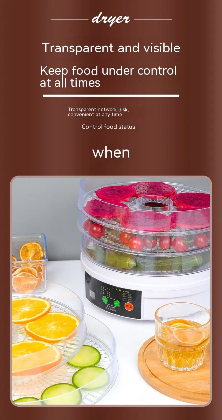 Five-layer household food dehydrator with seven mesh drying trays and multiple plug options