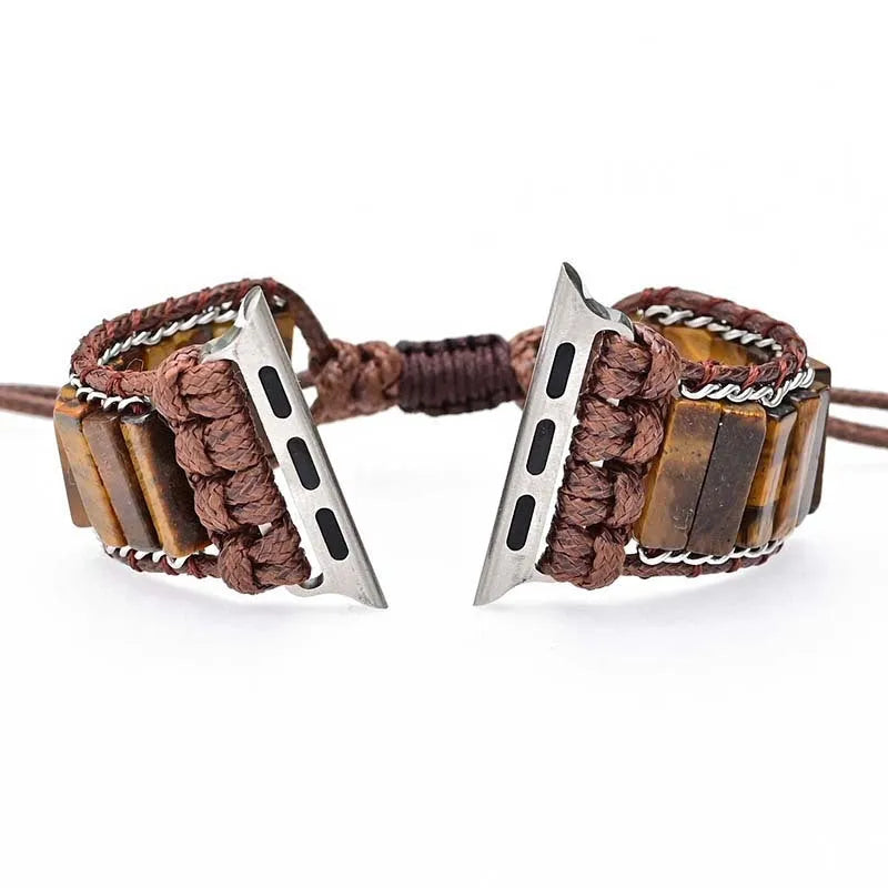 Rectangular tiger eye stone chain men's watch strap bracelet on textile band with adjustable clasp
