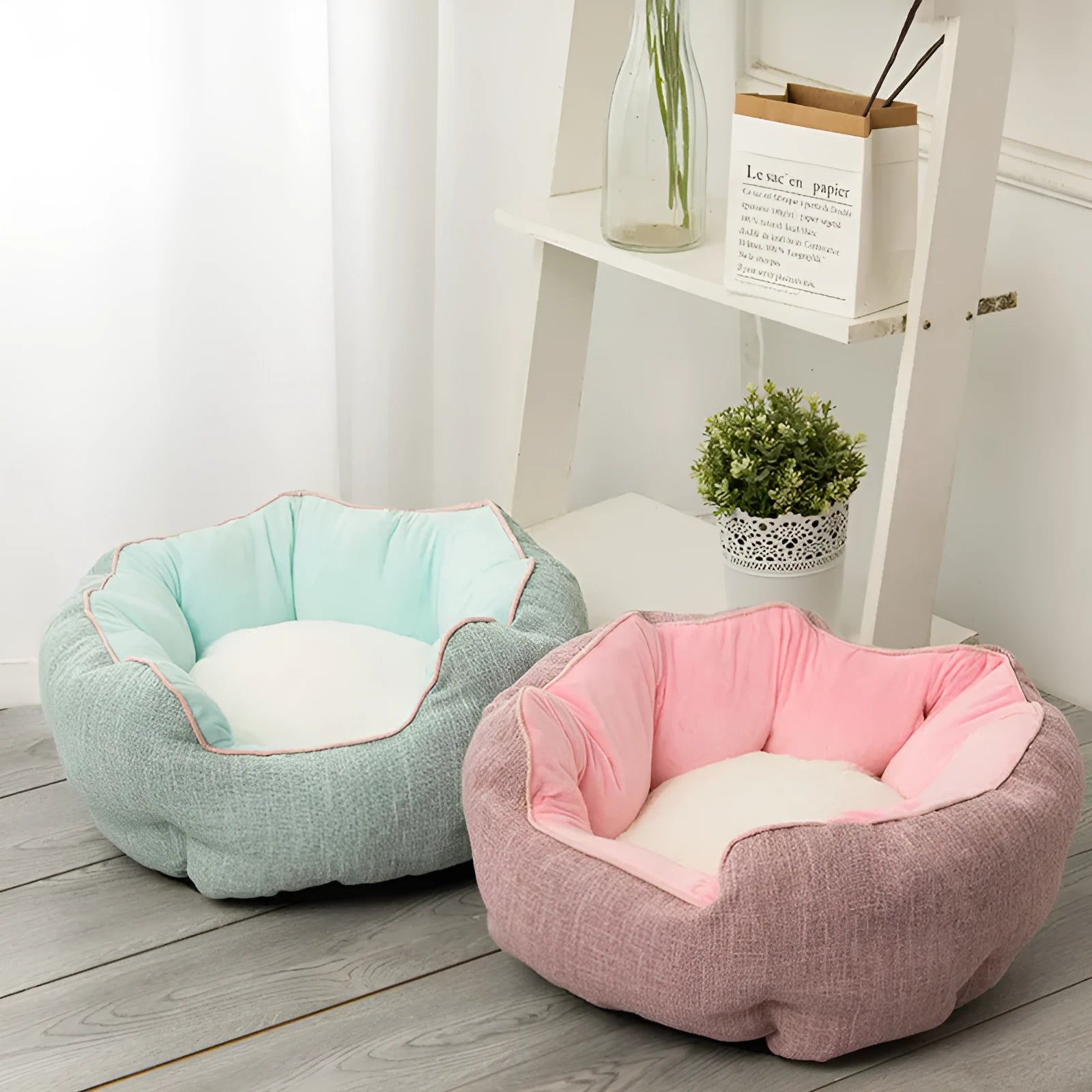 Blue octagonal pet bed with removable mat for a small dog or cat.