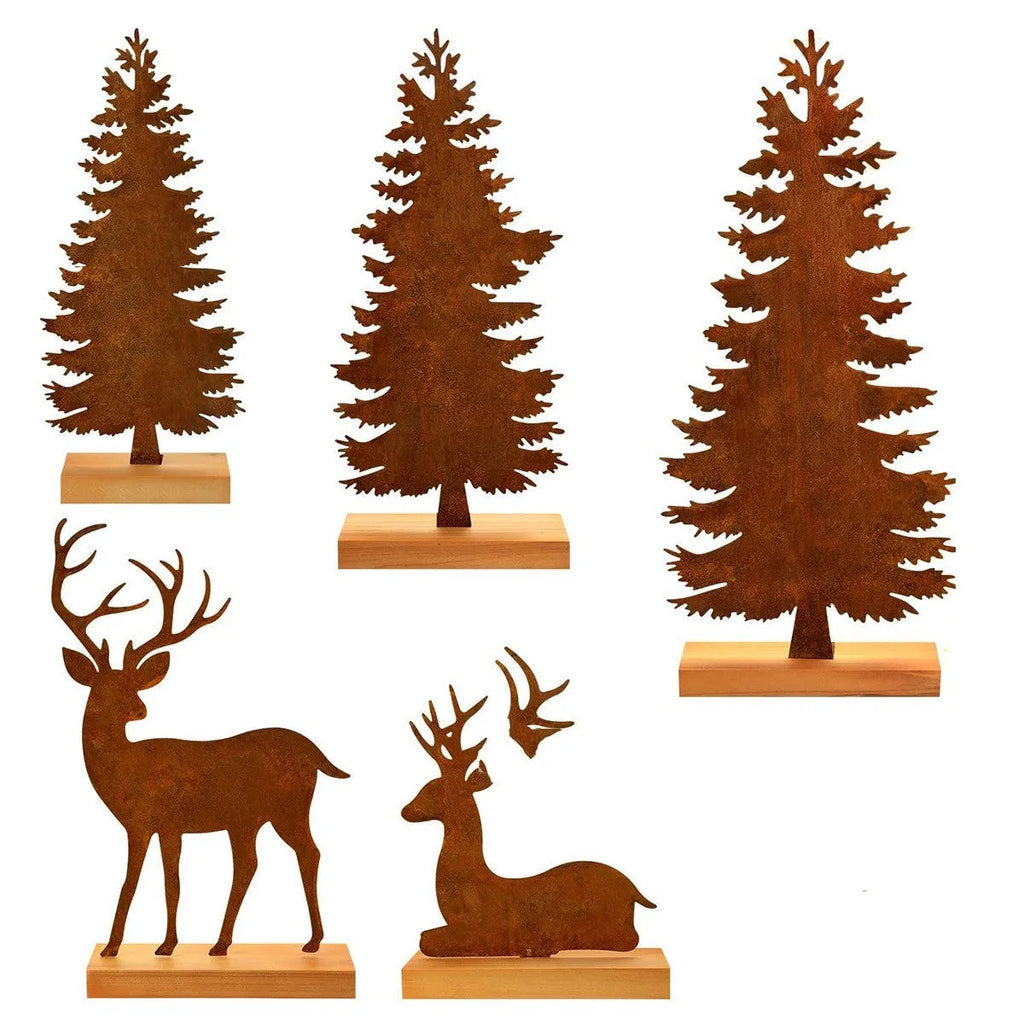 Three metal Christmas tree ornaments with elk silhouettes and rustic rust-effect finish
