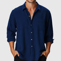 Men's loose-fitting beach holiday shirt with stand collar and long sleeves in pure colours