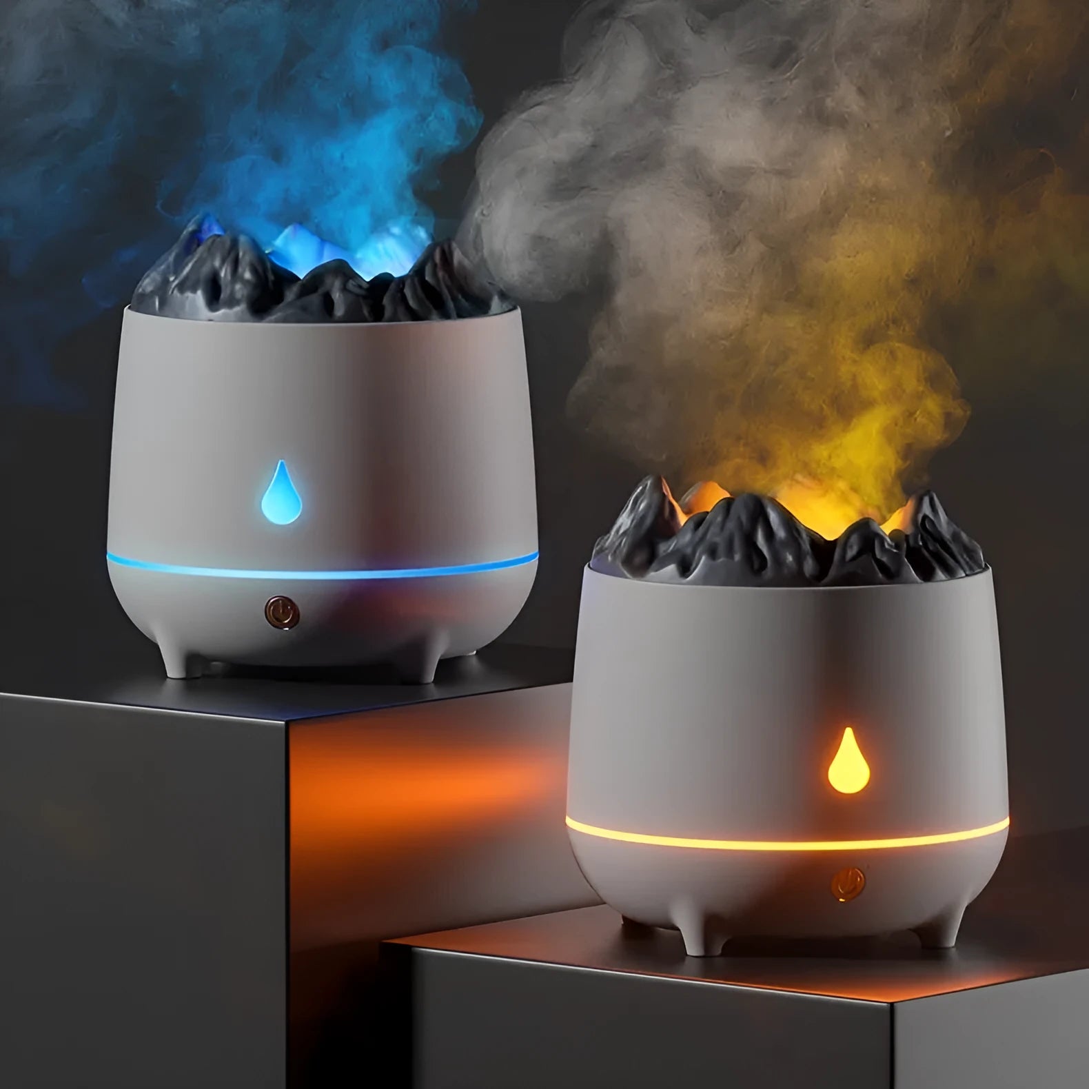 Black and white volcano shaped ultrasonic humidifier with USB cable for home office use