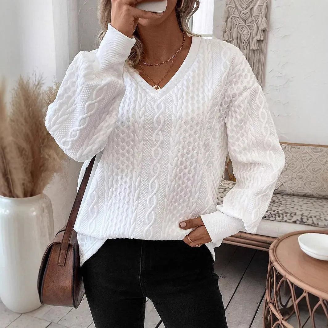 Milky white loose fit long sleeve T-shirt with 3D pattern design in Japanese Korean casual style