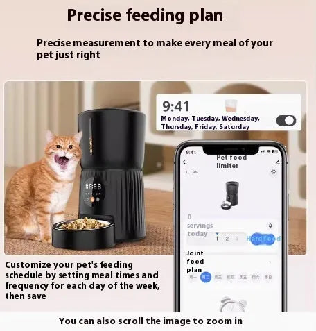 Intelligent automatic pet feeder with timer display and food reservoir in black or white colour options