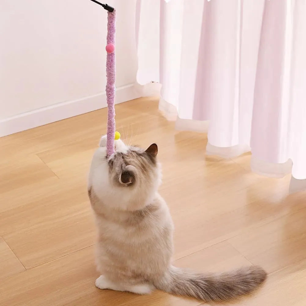 Blue cat wand toy with long plush strip and colourful fluffy ball with bell
