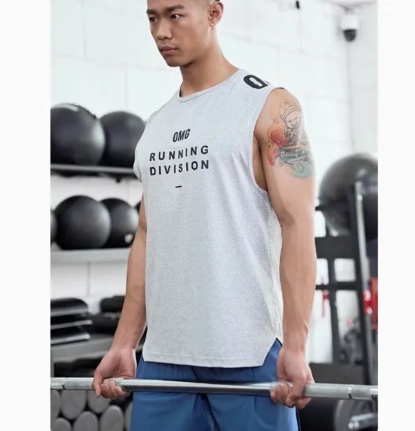 Men's loose fit black sports vest made of lightweight mesh fabric for wicking moisture during exercise.