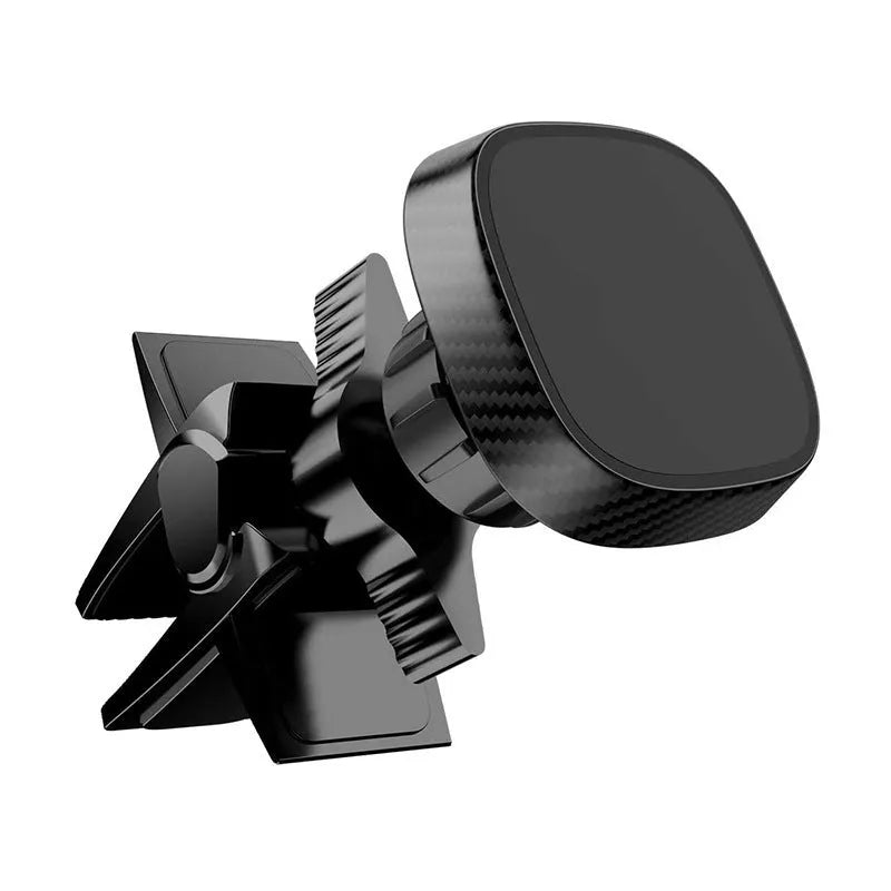 Black magnetic car phone holder mounted in vehicle air vent with mobile device attached