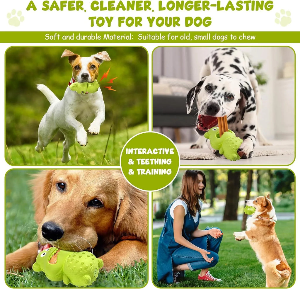 Green and yellow natural rubber chew toy for large breed aggressive dogs on a wooden floor.