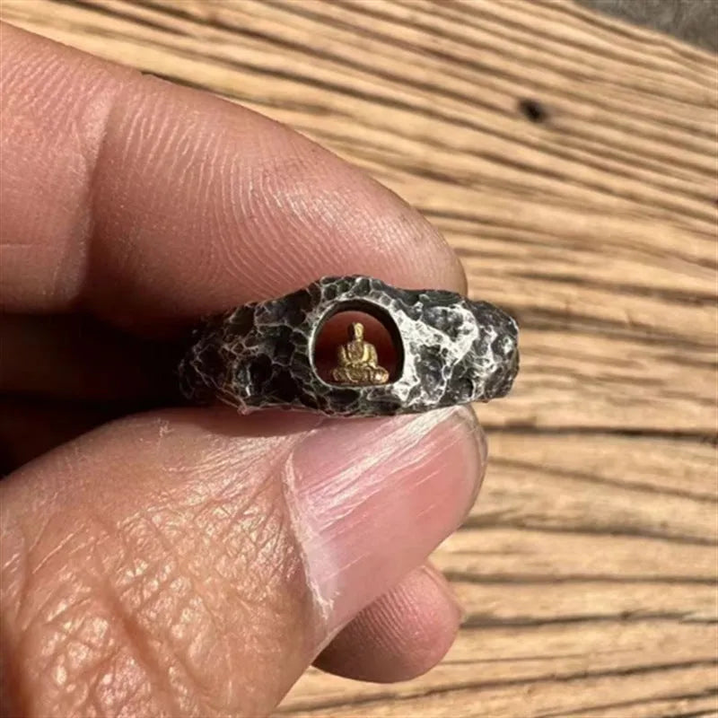 Copper grotto Buddha ring with rock texture surface, size 8 hand-forged jewellery