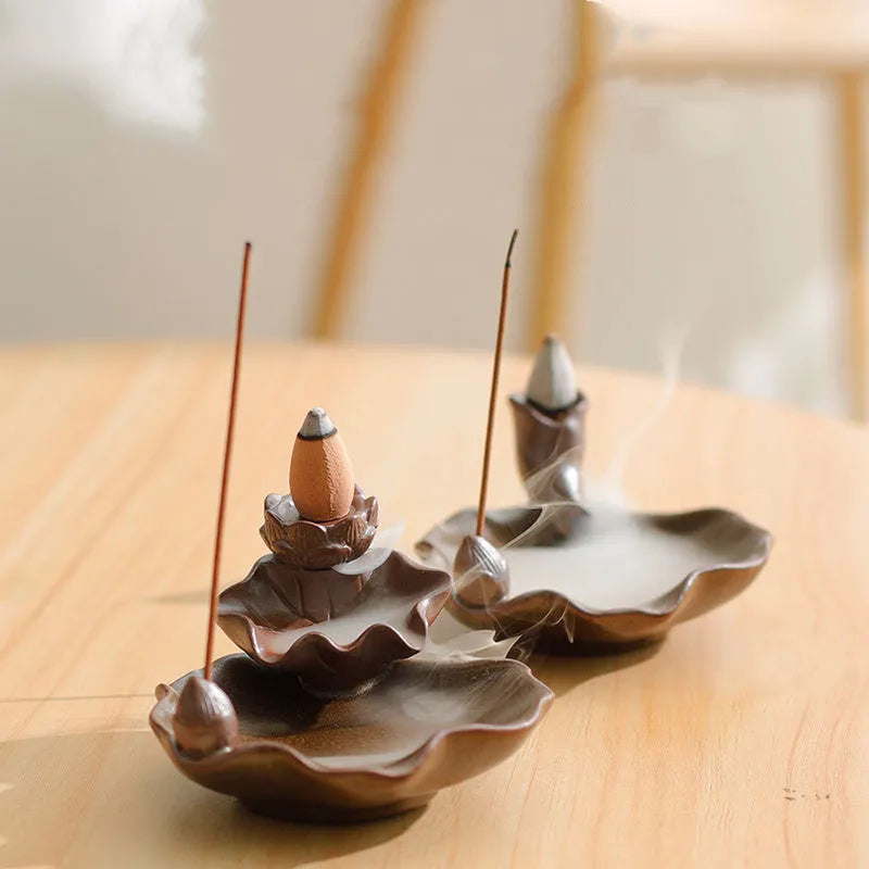Ceramic reverse flow incense burner with purple clay, lotus and plum blossom Chinese designs