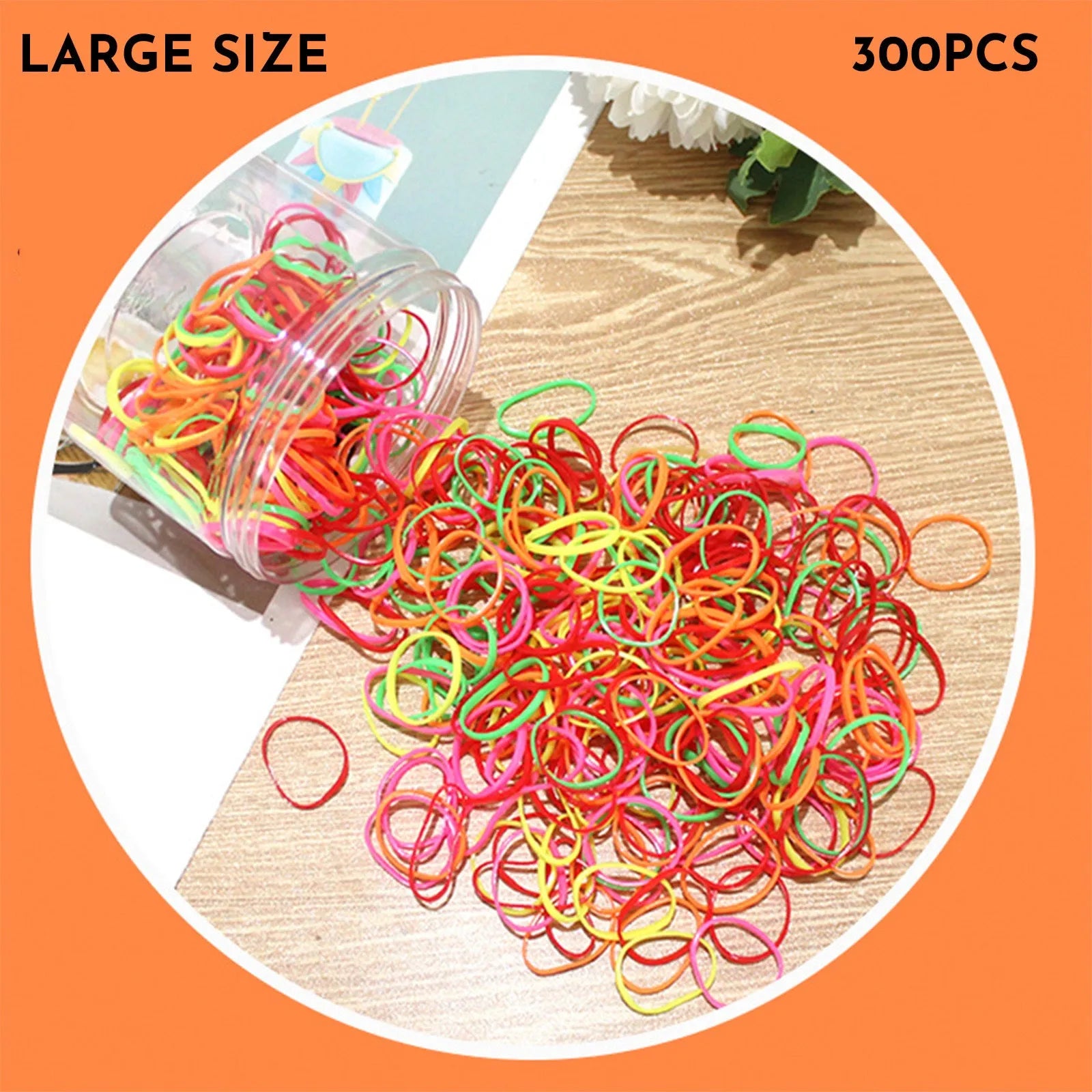 Multi-colour TPU baby hair ties in a reusable plastic storage container.